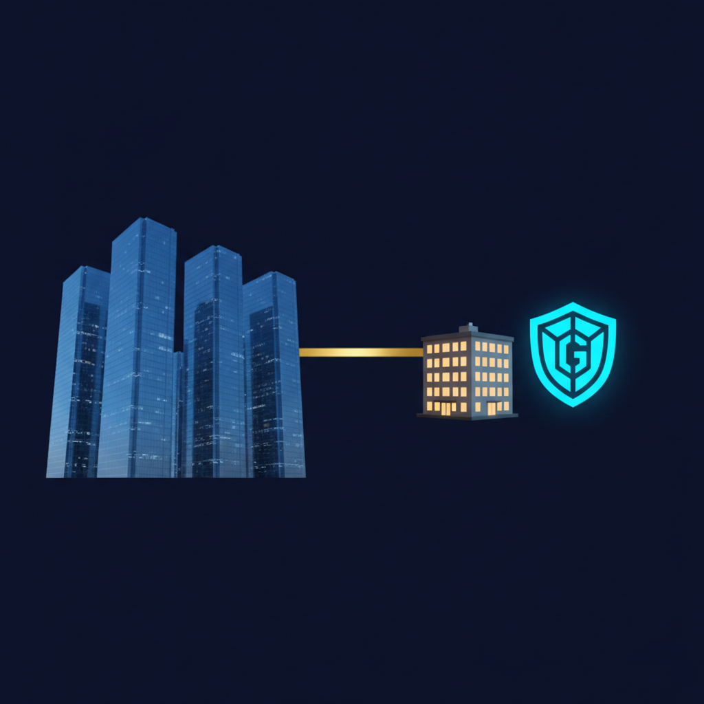Four tall glass corporate towers lit in blue on the left, linked by a gold line to a much smaller office building and a glowing cyan governance shield on the right, on a dark navy field.