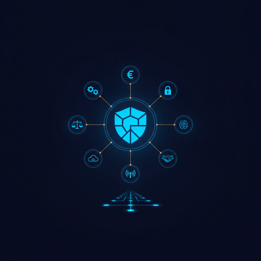 A glowing cyan shield at the centre of a ring, connected by gold spokes to eight icons covering cost, security, law, cloud, AI, partnership and connectivity.