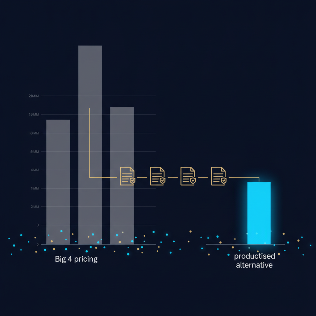 Bar chart contrasting three tall grey bars labelled Big 4 pricing with a single short glowing cyan bar labelled productised alternative, identical document icons strung between them at equal height.