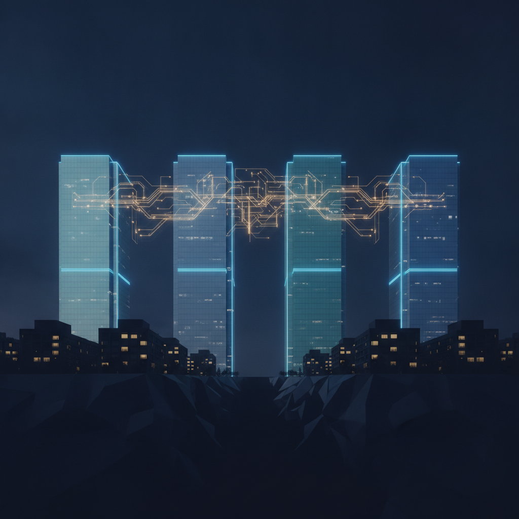 Four illuminated corporate towers rising above a row of small dark low-rise buildings, with glowing orange circuitry threaded between the towers and a fractured chasm in the foreground.