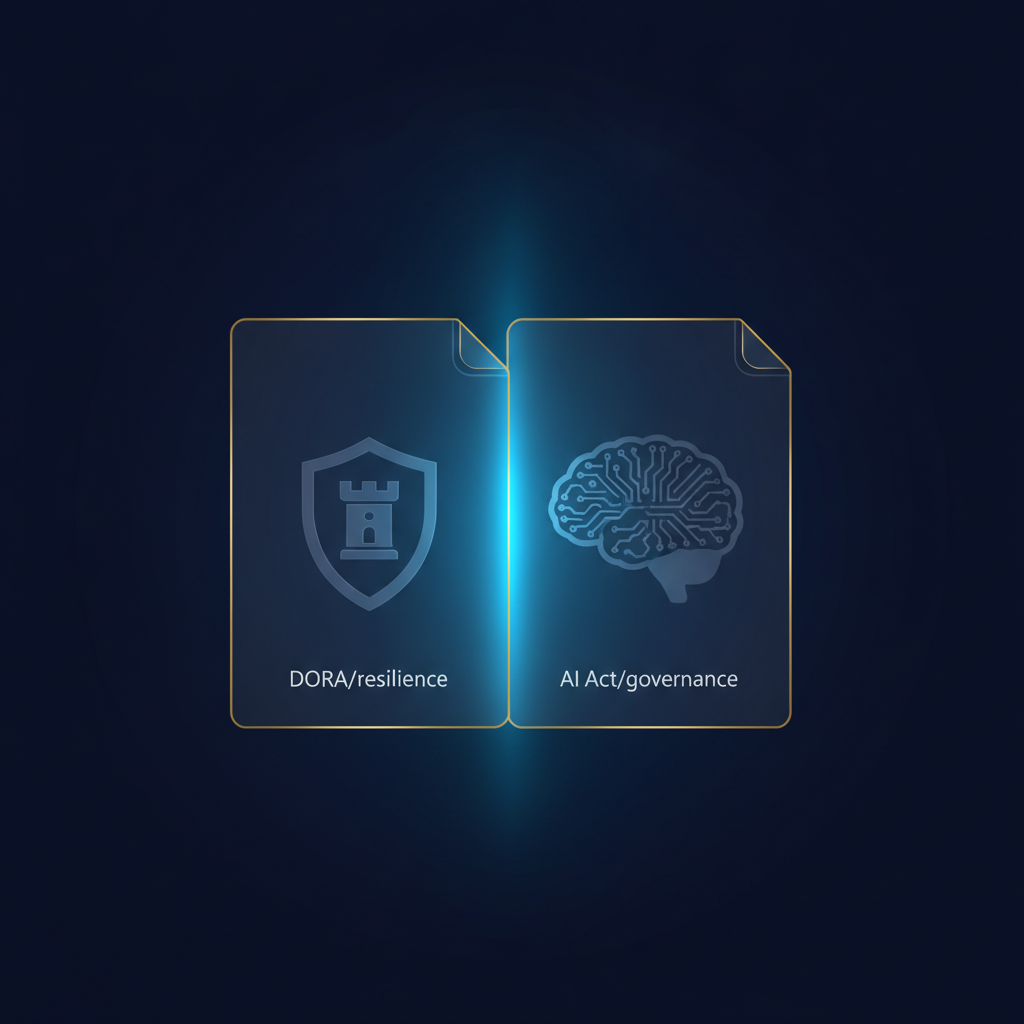 Two translucent document panels edged in gold meeting at a glowing cyan seam, one showing a shield labelled DORA resilience, the other a circuit-brain labelled AI Act governance.