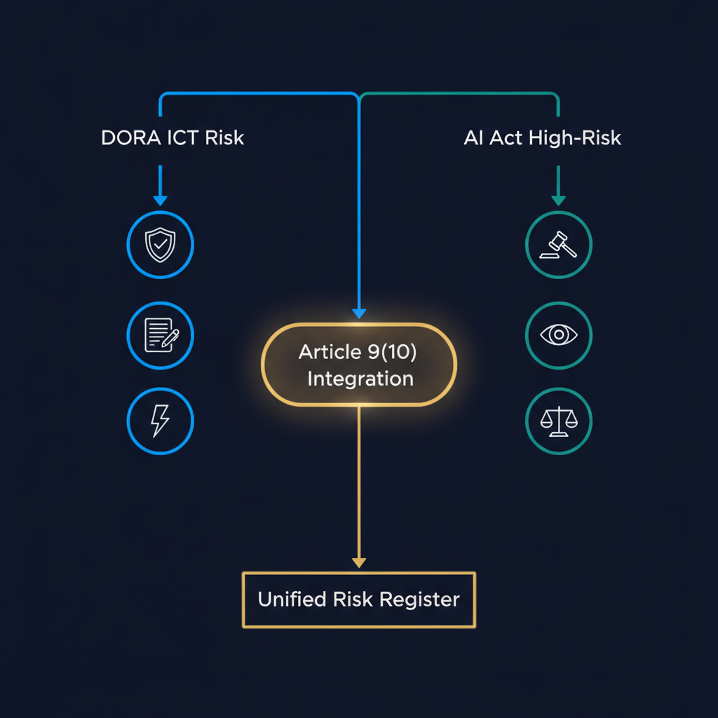 A flow diagram with DORA ICT Risk on the left and AI Act High-Risk on the right, both feeding a glowing gold node labelled Article 9(10) Integration, which flows down to a single Unified Risk Register box.