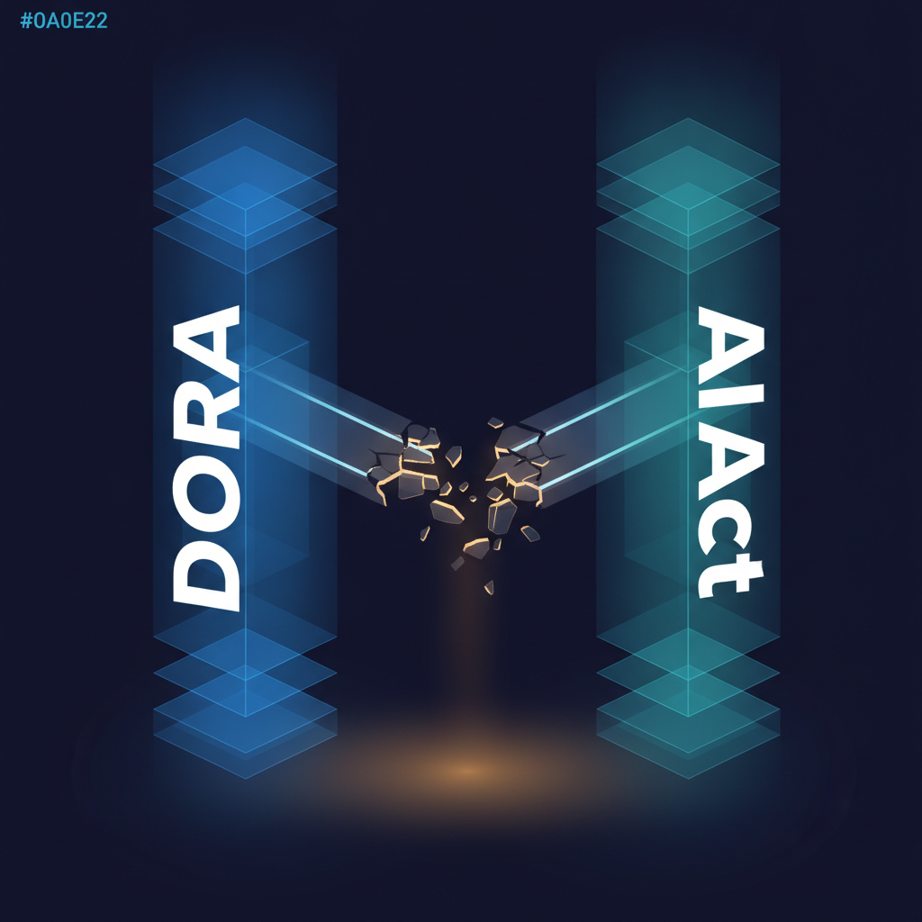 Two stacked columns labelled DORA and AI Act, beams of light from each striking a shattering point at the centre where fragments break away.