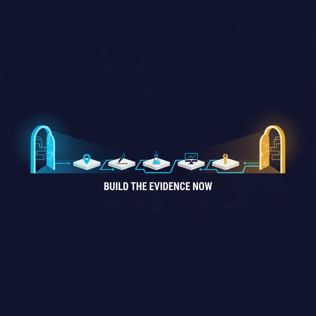 A lit pathway of stepping stones carrying location, signature, testing, monitoring and key icons, running from a cyan doorway to a gold doorway, captioned build the evidence now.