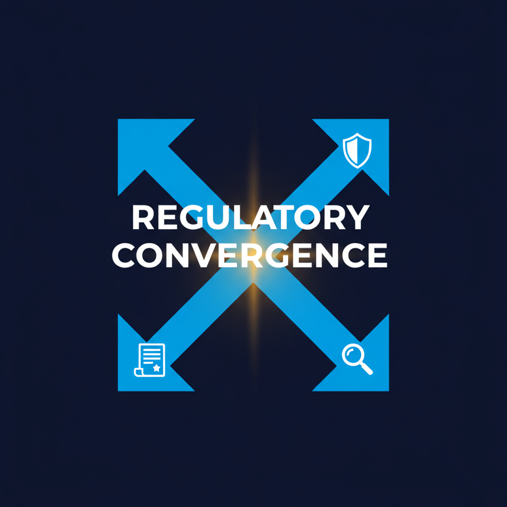 Four blue arrows converging inward from the corners of a square toward a glowing centre, with shield, certificate and magnifier icons, captioned regulatory convergence.