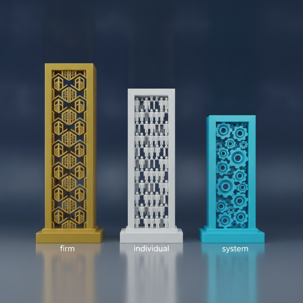 Three illustrated towers labelled firm, individual and system: a gold tower patterned with building silhouettes, a white tower filled with rows of tiny human figures, and a blue tower filled with mechanical gears.
