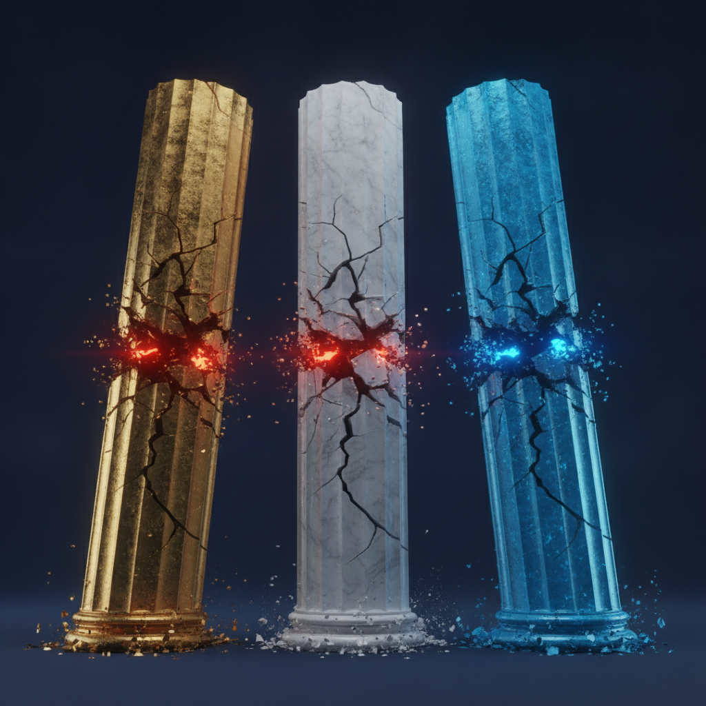Three classical stone columns, one gold, one white marble and one blue, each fracturing at the same point with sparks flying, illustrating three governance structures cracking under the same pressure.