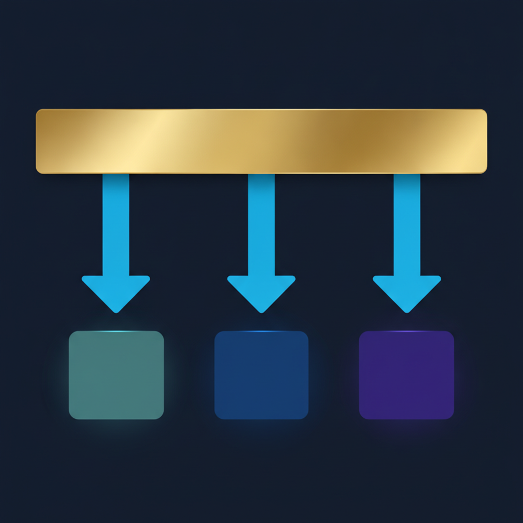 A single gold bar at the top with three blue arrows pointing down to three separate coloured squares, representing one AI model's oversight being split across three disconnected teams.