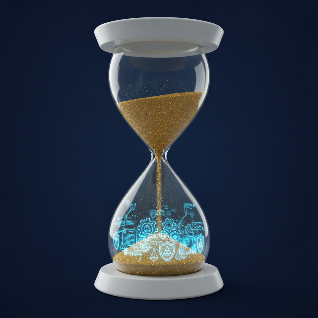 An hourglass with gold sand falling past glowing blue icons of shields, gears and scales of justice, representing the narrowing time before overlapping AI governance deadlines converge.