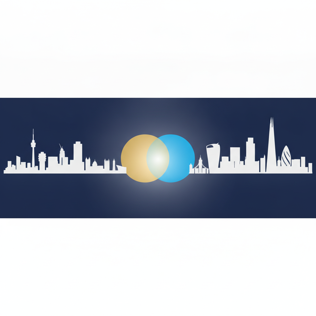 Silhouette skylines of Johannesburg and the City of London against a dark navy background, with overlapping gold and electric-blue circles glowing where the two skylines meet, representing converging AI governance regimes.