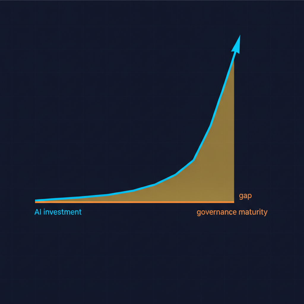 An exponential cyan curve labelled AI investment climbing away from a flat orange line labelled governance maturity, the widening gold area between them labelled gap.