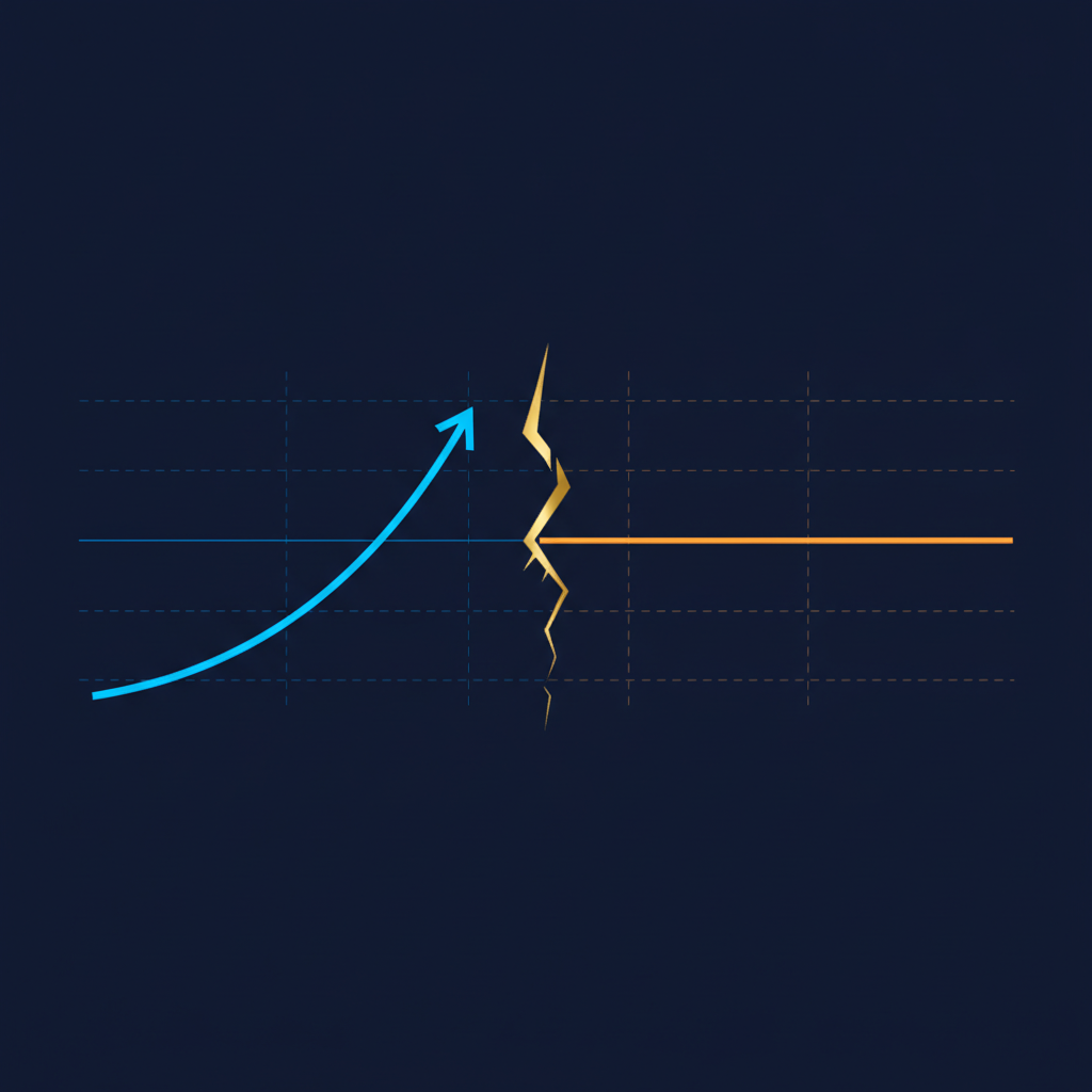 A steeply rising cyan arrow representing AI investment breaking away from a flat orange line representing governance maturity, separated by a jagged gold crack.